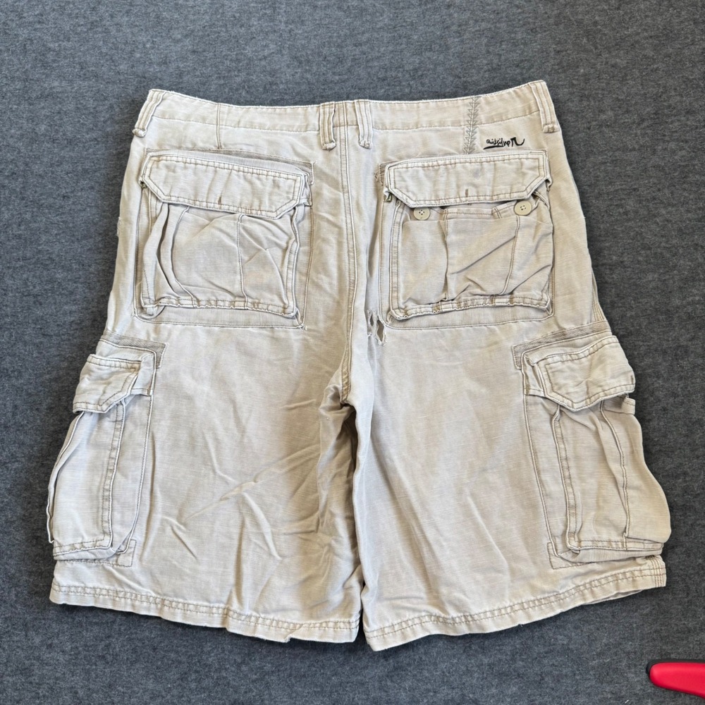 VTG Y2K Quiksilver Distressed Cargo Shorts Mens 38 Tan Linen Blend 6104146